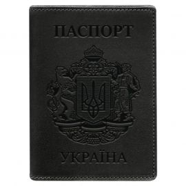 Кожаная обложка для паспорта с украинским гербом (черная) кожа Crazy Horse