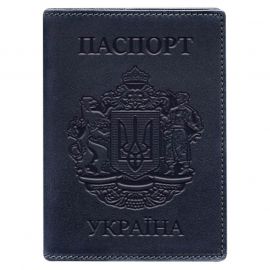Шкіряна обкладинка для паспорта з українським гербом (темно-синя) шкіра Crazy Horse