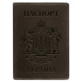 Кожаная обложка для паспорта с украинским гербом (темно-коричневая) кожа Crazy Horse