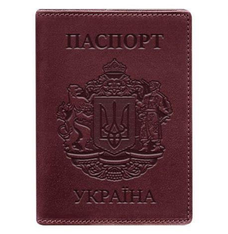 Кожаная обложка для паспорта с украинским гербом (бордовая) кожа Crazy Horse