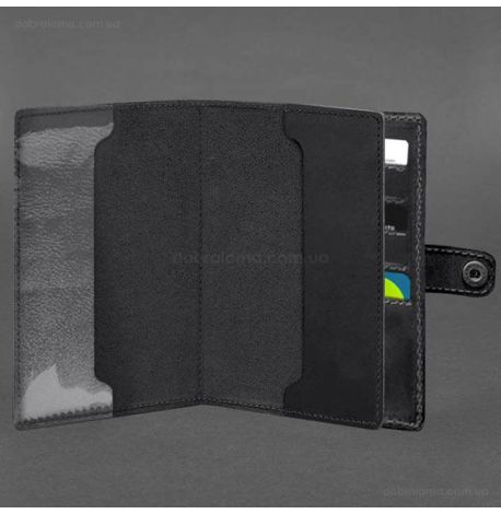 Кожаная обложка-портмоне для военного билета 15.0 (черная) кожа Crazy Horse