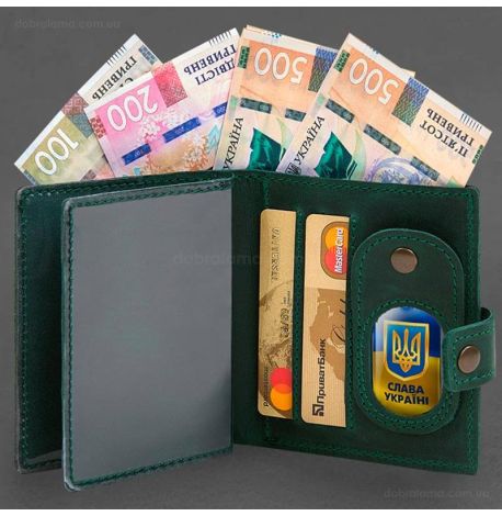 Кожаная обложка-портмоне для удостоверения офицера с карманом для жетона 11.1 (зеленая) кожа Crazy Horse