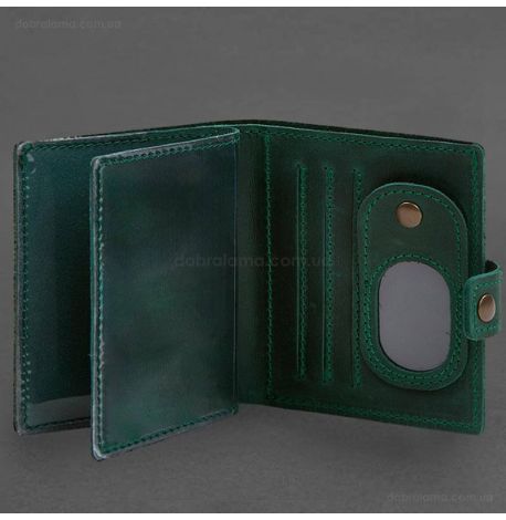 Кожаная обложка-портмоне для удостоверения офицера с карманом для жетона 11.1 (зеленая) кожа Crazy Horse