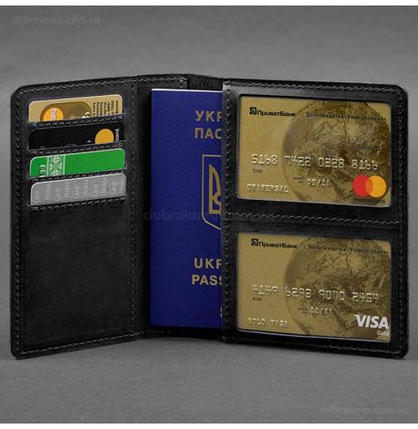 Кожаная обложка-органайзер для документов 6.1 (черная), кожа Crazy Horse