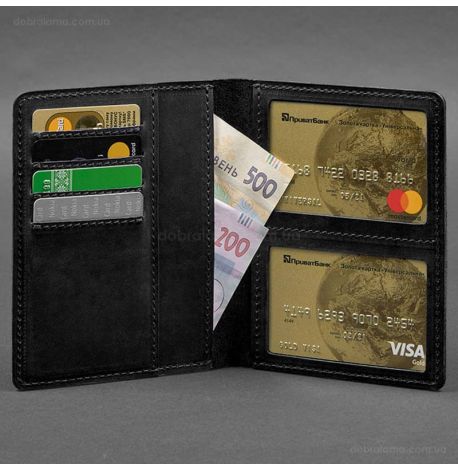 Кожаная обложка-органайзер для документов 6.1 (черная), кожа Crazy Horse