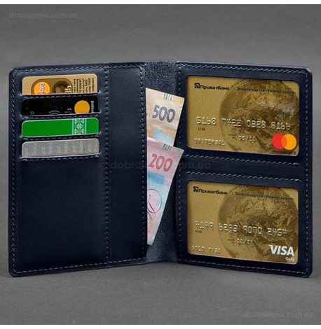 Шкіряна обкладинка-органайзер для документів 6.1 (темно-синя), шкіра Krast