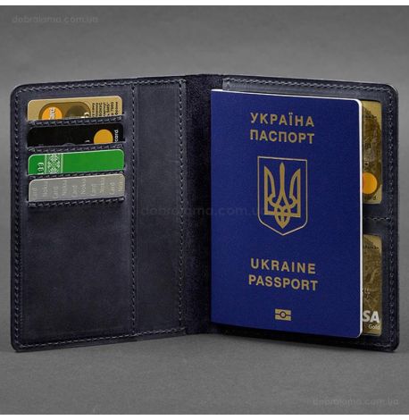 Шкіряна обкладинка-органайзер для документів 6.1 (темно-синя), шкіра Crazy Horse