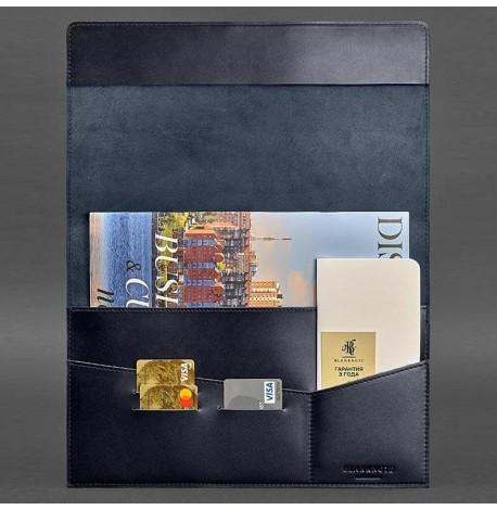 Кожаная папка для документов А4 на магнитах (темно-синяя)