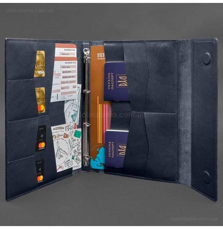 Кожаная папка для документов А4 «Семейная» с сегрегатором на магнитах (темно-синяя)