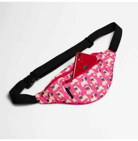 Поясна сумка-бананка рожева з мопсами