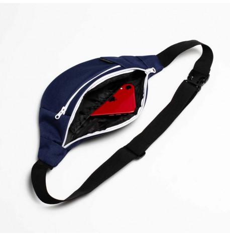 Поясная сумка-бананка синяя с белой молнией