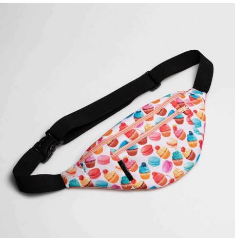 Поясна сумка-бананка біла з кексами (рожева блискавка)