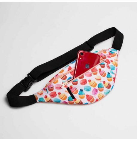 Поясна сумка-бананка біла з кексами (рожева блискавка)