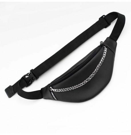 Поясна сумка-бананка чорна шкіряна з ланцюжком