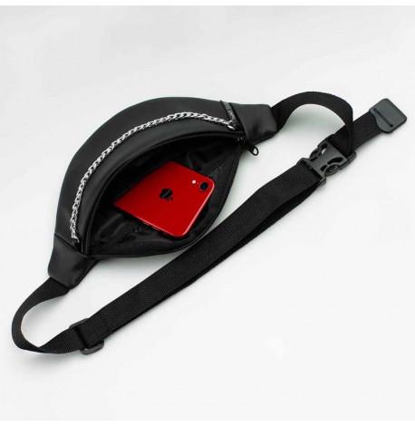Поясна сумка-бананка чорна шкіряна з ланцюжком