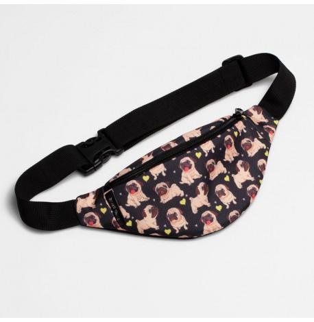 Сумка-бананка детская черная с мопсами
