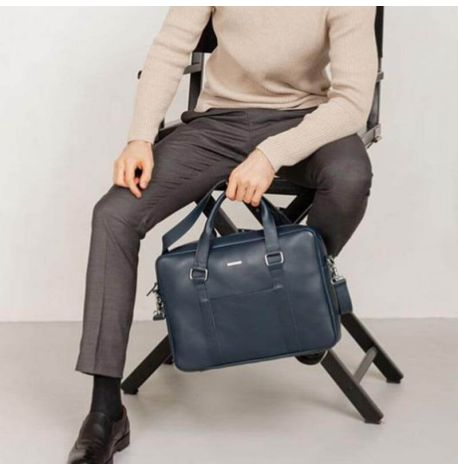 Шкіряна сумка для ноутбука та документів (темно-синя)