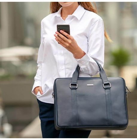 Шкіряна сумка для ноутбука та документів (темно-синя)