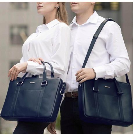 Шкіряна сумка для ноутбука та документів (темно-синя)