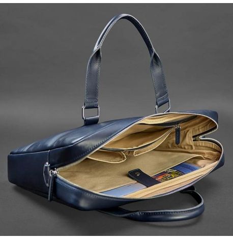 Шкіряна сумка для ноутбука та документів (темно-синя)