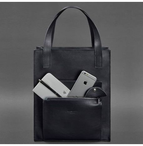 Кожаная женская сумка «Бэтси» с карманом (темно-синяя)