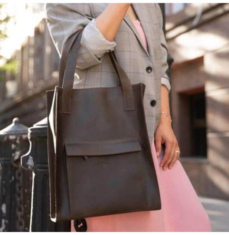 Кожаная сумка шоппер "Бэтси" с карманом (темно-коричневая)