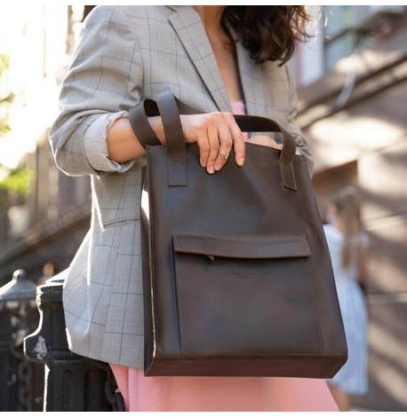 Кожаная сумка шоппер "Бэтси" с карманом (темно-коричневая)