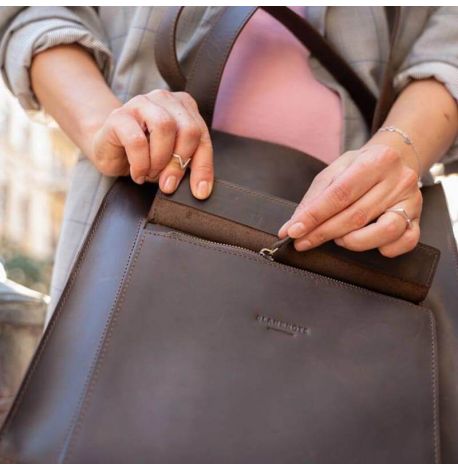 Кожаная сумка шоппер "Бэтси" с карманом (темно-коричневая)