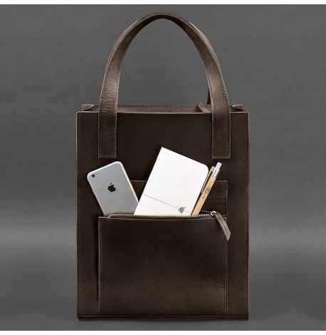 Кожаная сумка шоппер "Бэтси" с карманом (темно-коричневая)