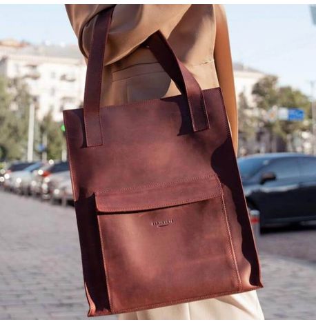 Кожаная сумка шоппер "Бэтси" с карманом (бордовая)