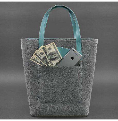 Сумка-шоппер фетровая с кожаными вставками DD (серый-бирюзовый)