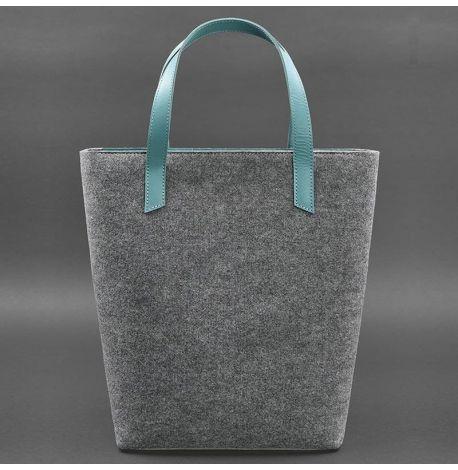 Сумка-шоппер фетровая с кожаными вставками DD (серый-бирюзовый)