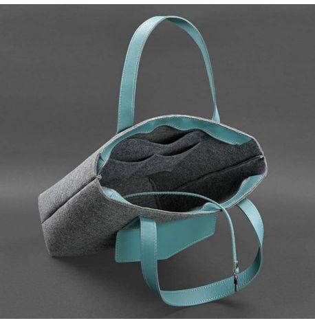 Сумка-шоппер фетровая с кожаными вставками DD (серый-бирюзовый)