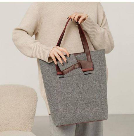 Сумка-шоппер фетрова зі шкіряними вставками DD (сірий-бордовий)