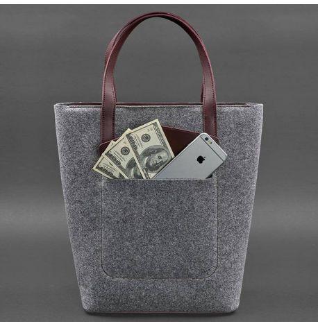 Сумка-шоппер фетрова зі шкіряними вставками DD (сірий-бордовий)