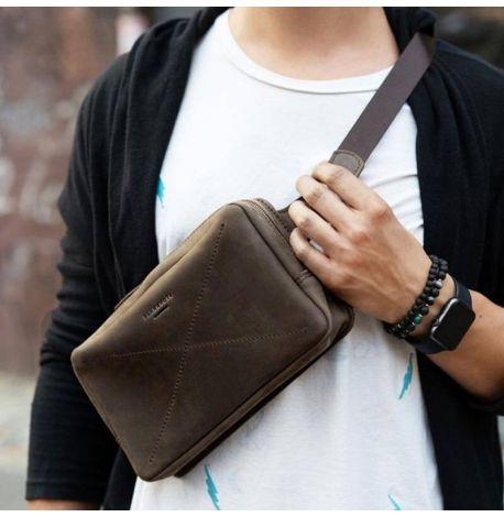 Поясна сумка-бананка Dropbag Maxi шкіряна (темно-коричнева)