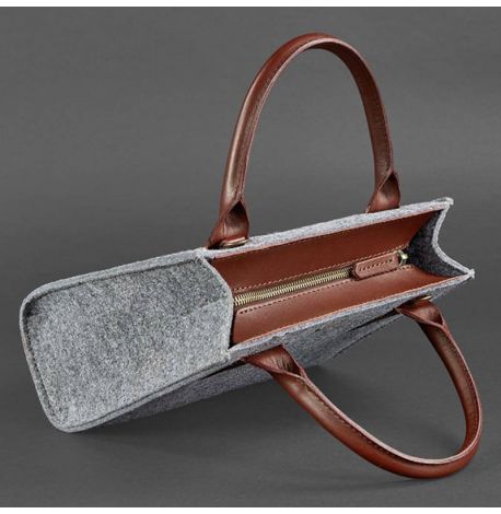 Жіноча фетрова сумка крос-боді зі шкіряними вставками (сіра-коричнева)