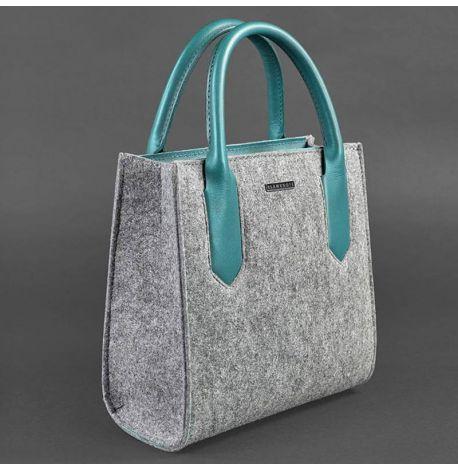 Жіноча фетрова сумка крос-боді зі шкіряними вставками (сіра-бірюзова)