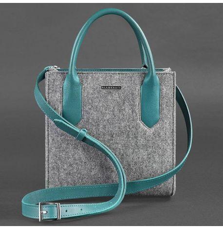 Жіноча фетрова сумка крос-боді зі шкіряними вставками (сіра-бірюзова)