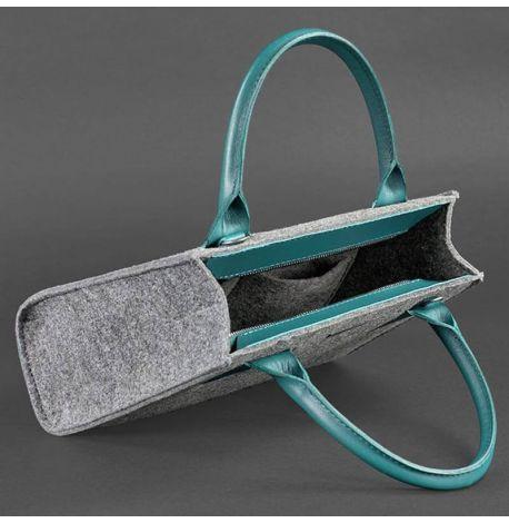 Жіноча фетрова сумка крос-боді зі шкіряними вставками (сіра-бірюзова)