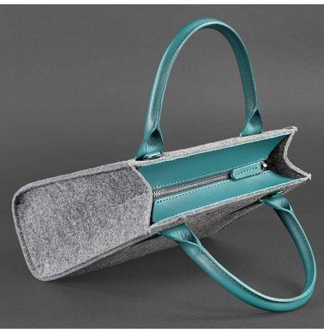 Жіноча фетрова сумка крос-боді зі шкіряними вставками (сіра-бірюзова)