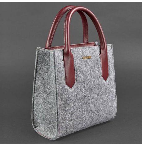 Женская фетровая сумка кросс-боди с кожаными вставками (серая-бордовая)