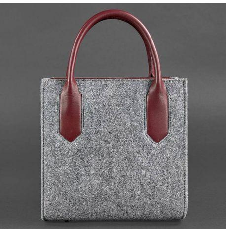 Женская фетровая сумка кросс-боди с кожаными вставками (серая-бордовая)