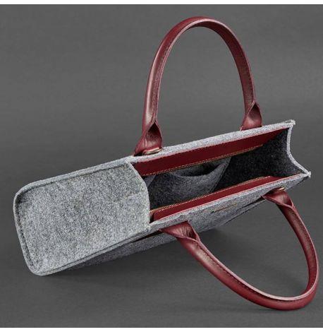 Женская фетровая сумка кросс-боди с кожаными вставками (серая-бордовая)