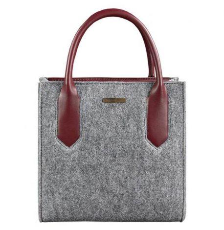 Женская фетровая сумка кросс-боди с кожаными вставками (серая-бордовая)