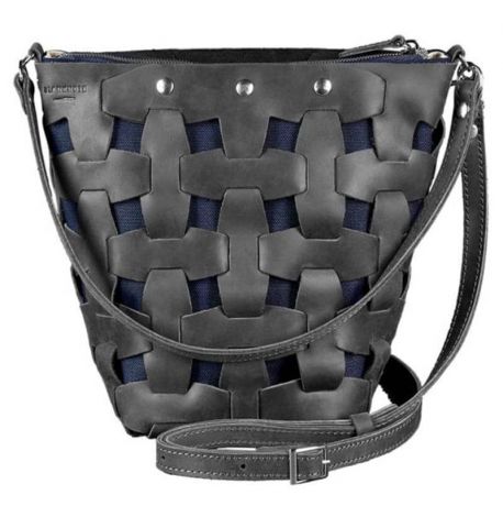 Женская кожаная плетеная сумка «Пазл М» (черная) кожа Crazy Horse