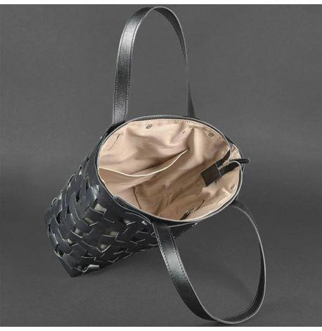 Женская кожаная плетеная сумка «Пазл L» (черная)