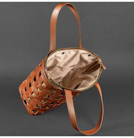 Женская кожаная плетеная сумка «Пазл L» (светло-коричневая)