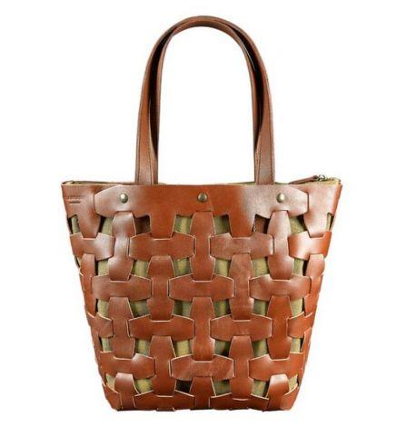 Женская кожаная плетеная сумка «Пазл L» (светло-коричневая)