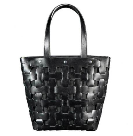Женская кожаная плетеная сумка «Пазл L» (угольно-черная)